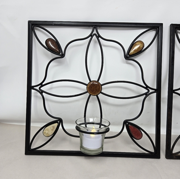 Elements Set Of 2 Wall Decor Candle Holders Black Metal Flower Design & Stones - Picture 3 of 14
